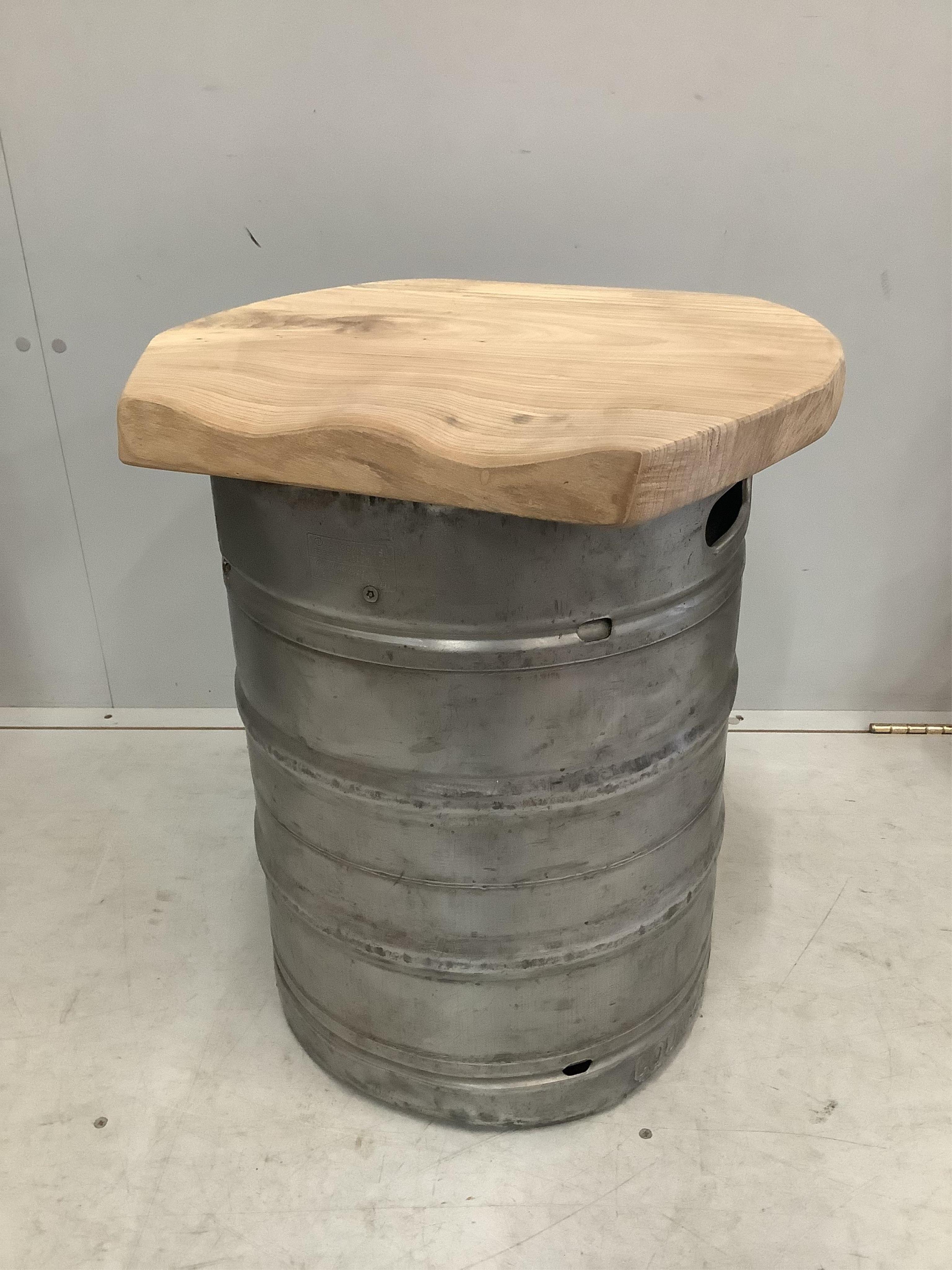 Two beer keg stools with elm seats, width 46cm, height 58cm. Condition - good